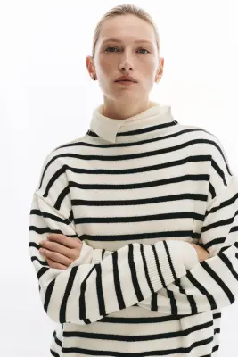 Pull oversize en laine mélangée - Blanc/rayures bleu marine — photo 1