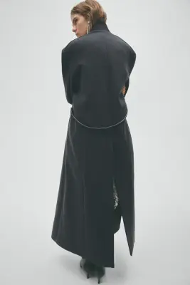 Manteau en laine mélangée avec ceinture à nouer - Gris foncé chiné — photo 2