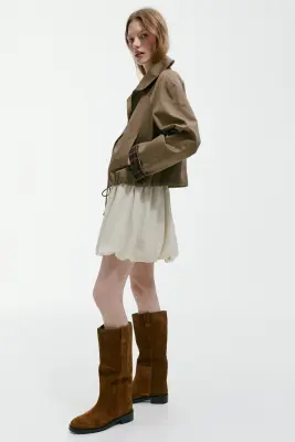 Bottes de hauteur genou en cuir velours fendu - Marron clair — photo 1