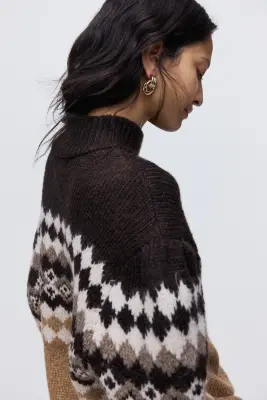 Pull en maille jacquard avec col cheminée - Beige/motif — photo 3