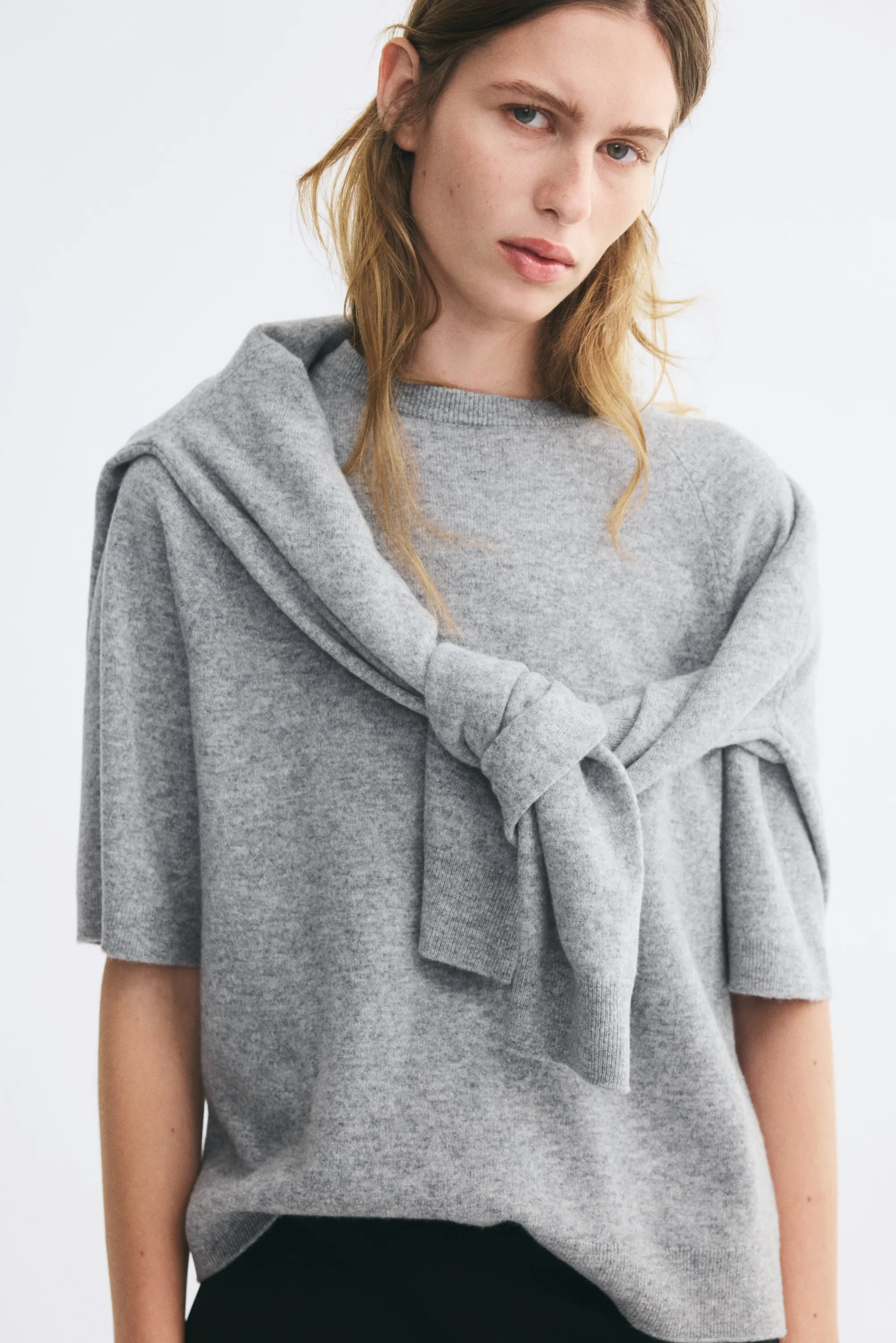 Top à manches courtes en laine - Gris chiné