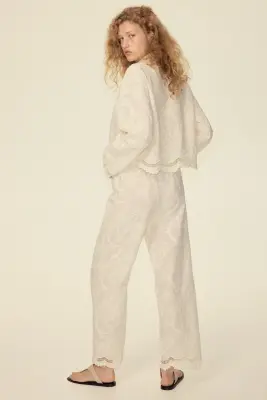 Pantalon en coton avec broderies - Beige clair — photo 3
