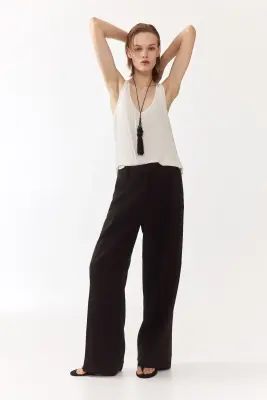 Pantalon chic en lin mélangé - Marron foncé — photo 2