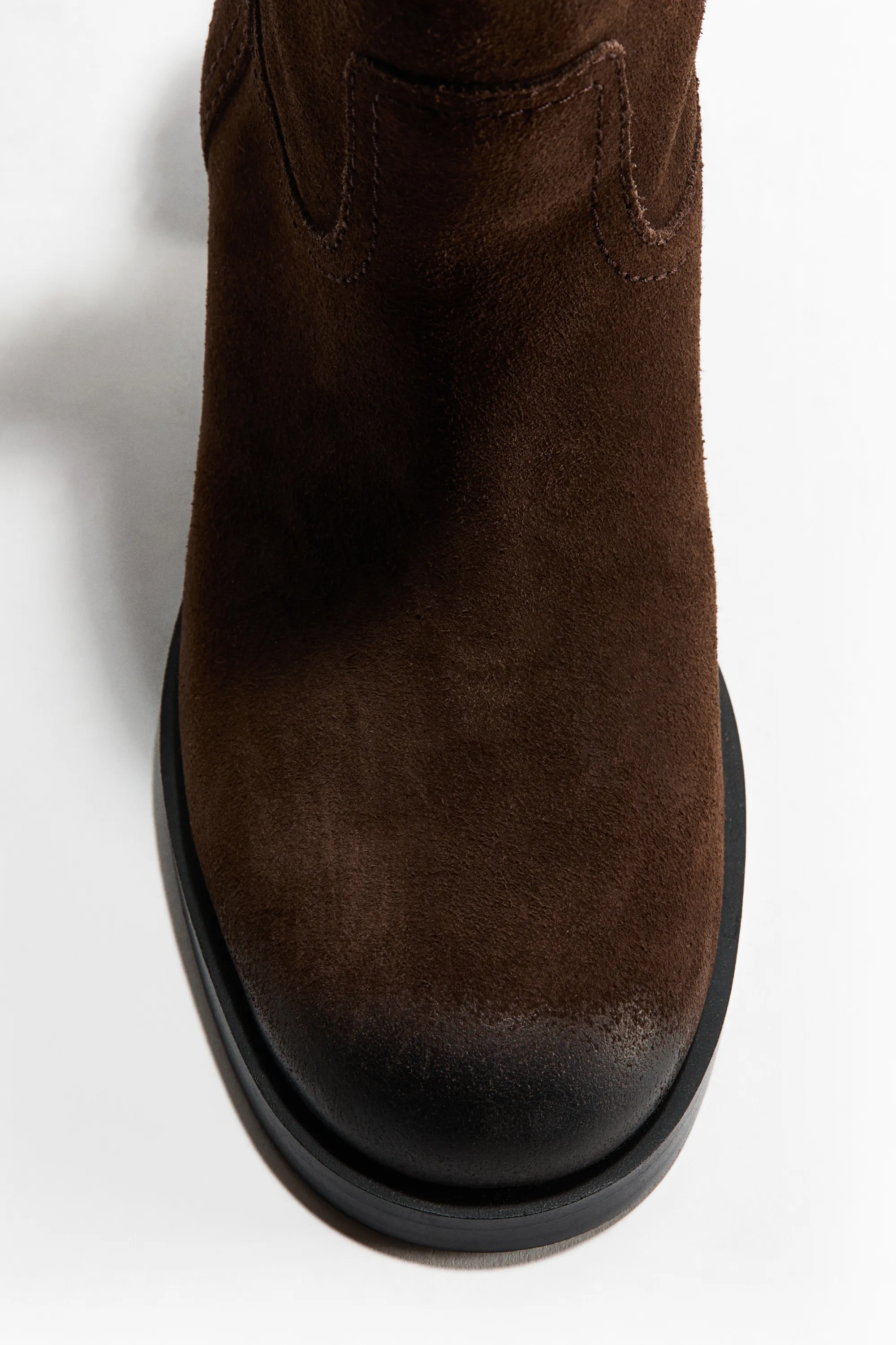 Bottes en cuir velours avec talon bloc - Marron foncé