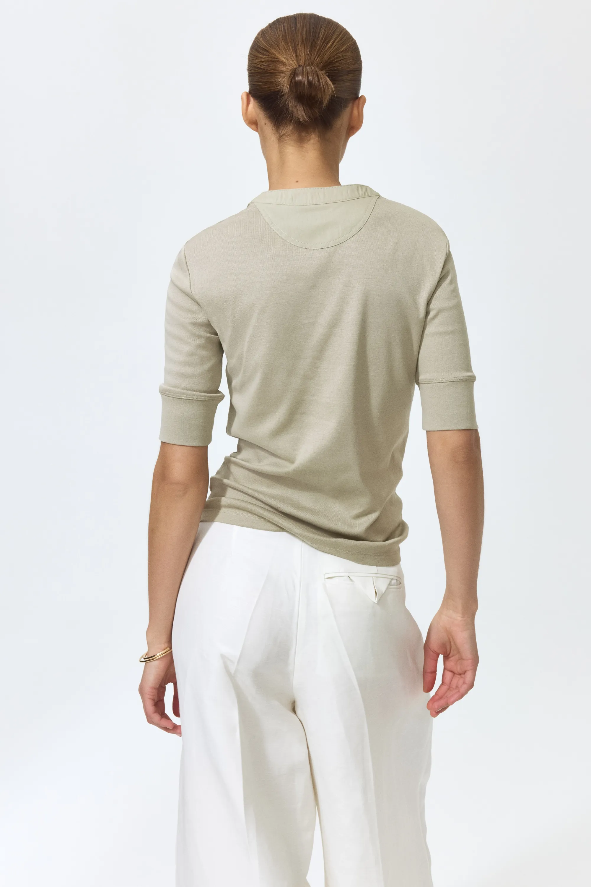 Top en coton pima avec col tunisien - Beige