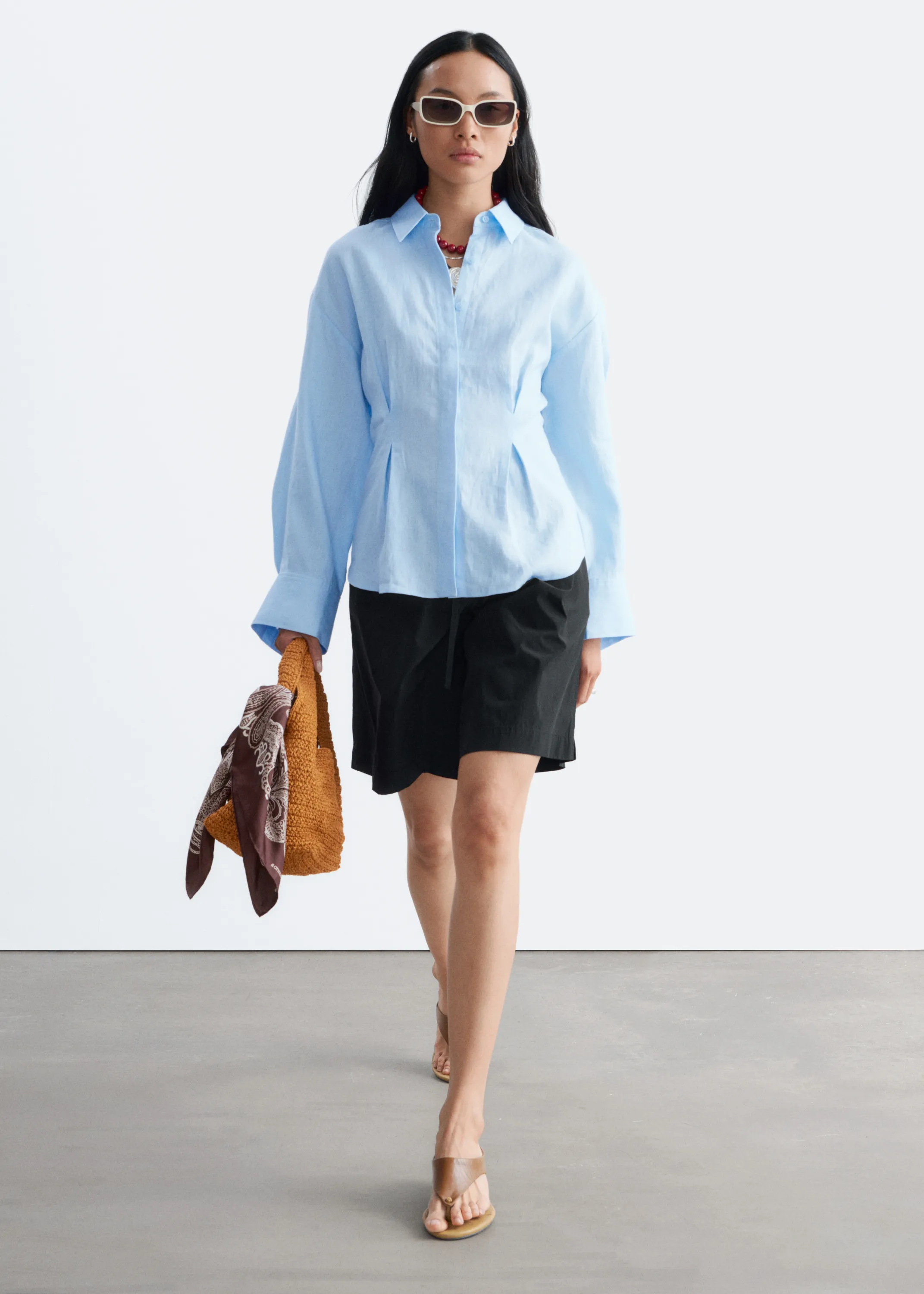 Chemise en lin plissée à la taille - Bleu clair