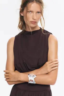 Robe à effet drapé avec col cheminée - Marron foncé — photo 1