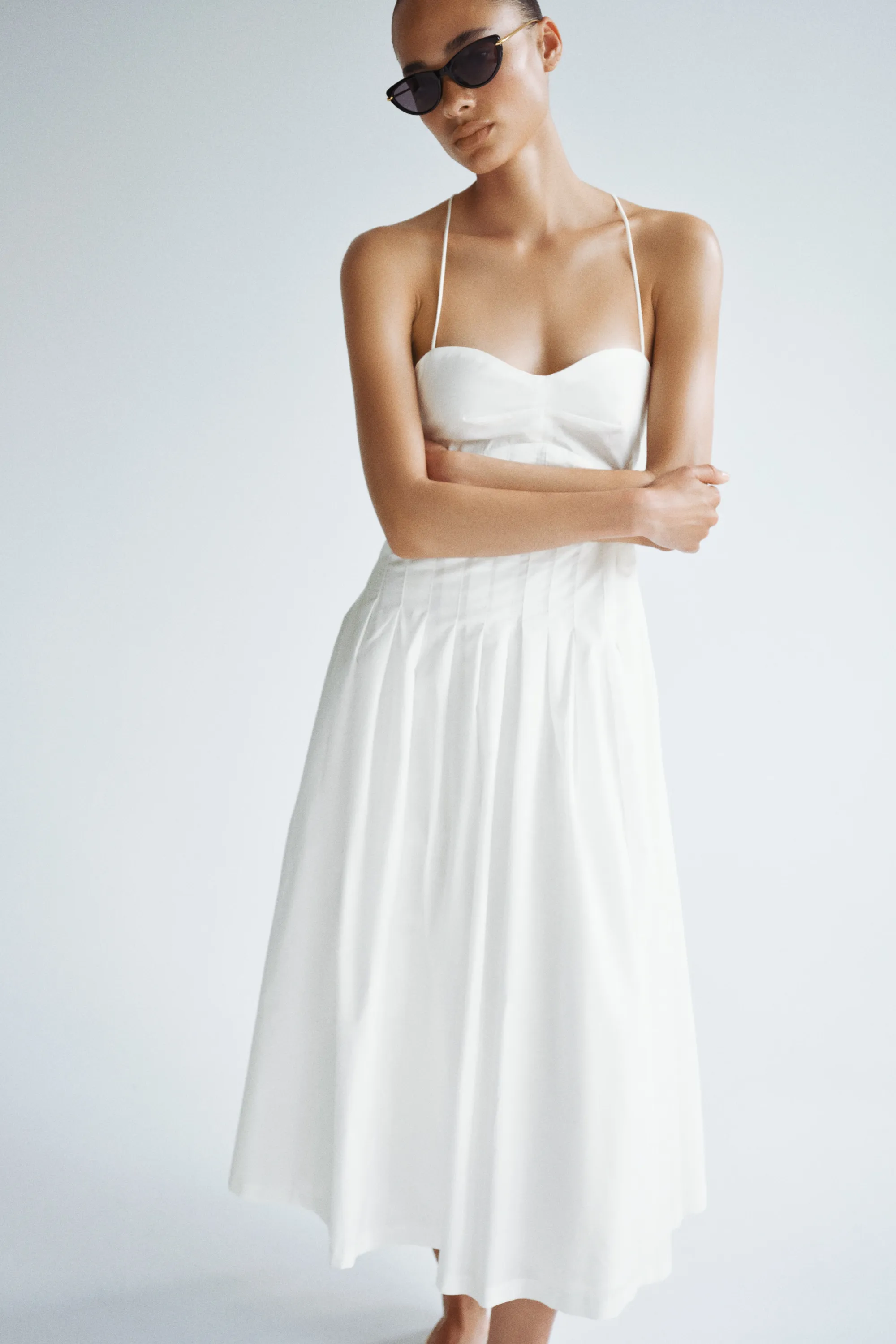 Robe en coton avec jupe évasée - Crème