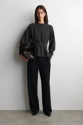 PULL EN LAINE MÉRINOS À DÉTAIL CEINTURE - GRIS ANTHRACITE CHINÉ — photo 1