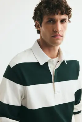 Polo de rugby Regular Fit en coton - Crème/rayures vert foncé — photo 1