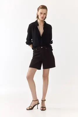 Short taille haute en denim - Marron foncé — photo 2