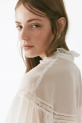 Frill-trimmed balloon-sleeved blouse - Blanc — photo 4
