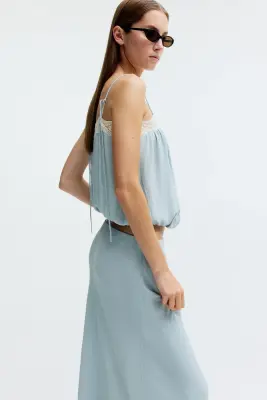 Top avec bretelles à nouer et dentelle - Bleu clair/crème — photo 3