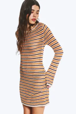 Robe Confectionnée À Dos Ouvert - Orange à rayures — photo 2