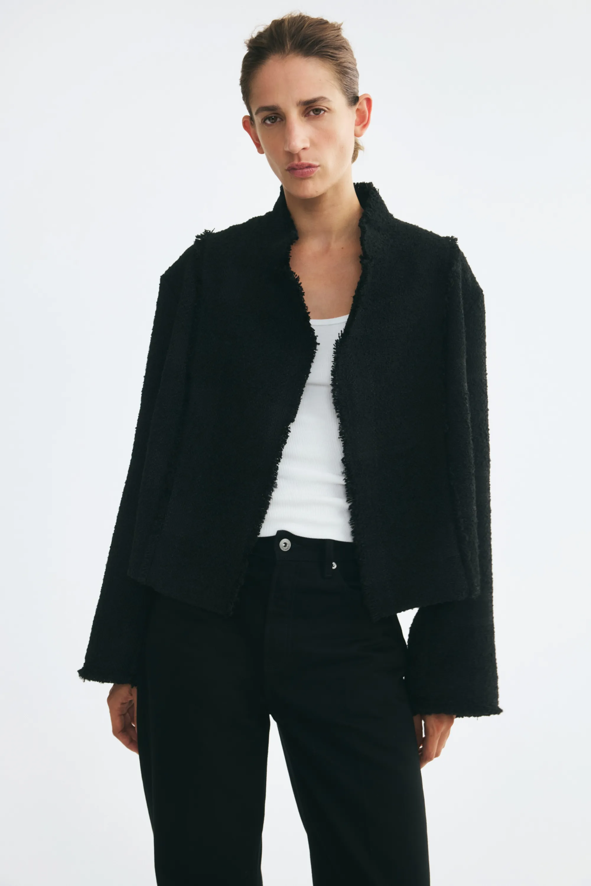 Veste effrangée en tissu bouclette - Noir