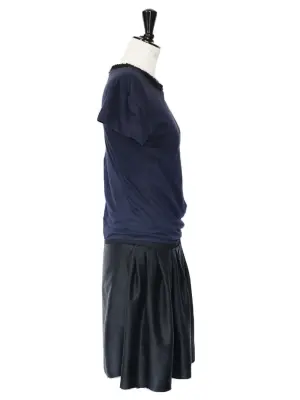 Robe manches courtes en coton bleu marine et soie noire Prix boutique 850€ Taille 36 — photo 5
