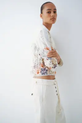 Veste matelassée en lin mélangé - Crème/fleuri — photo 3