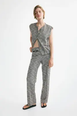 Pantalon en maille bouclette avec taille élastique - Gris ancien chiné/crème — photo 1