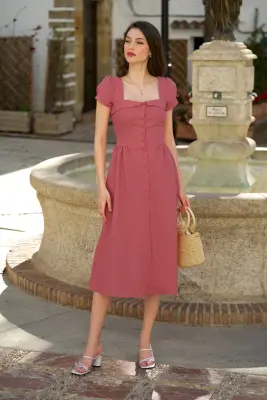 Estelle Button Down Linen Dress - Rose — photo 2