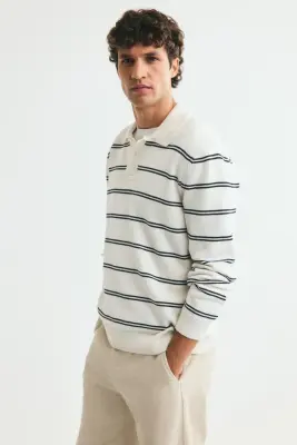 Polo Regular Fit en maille - Crème/rayé — photo 4