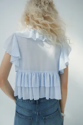 Blouse volantée avec liens à nouer - Bleu clair — photo 3