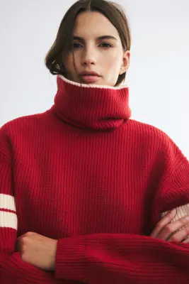 Pull col roulé - Rouge/color block — photo 1