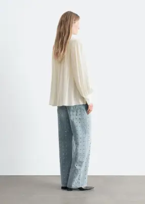 Blouse froncée à nouer à l’encolure - Écru — photo 4