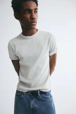 T-shirt côtelé Slim Fit - Gris clair chiné — photo 4