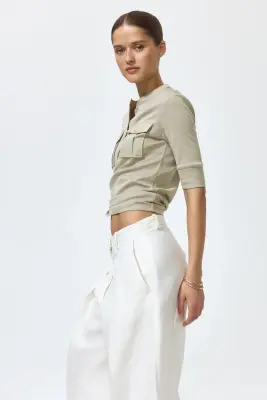 Top en coton pima avec col tunisien - Beige — photo 2