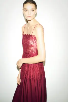 Robe bi-matière à bretelles fines - Rouge foncé — photo 3