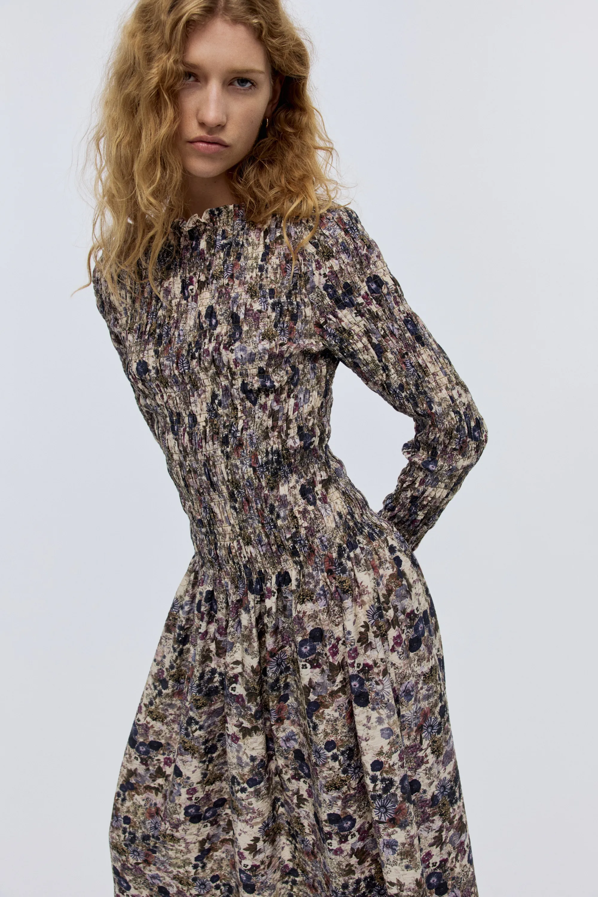Robe smockée - Beige clair/fleuri
