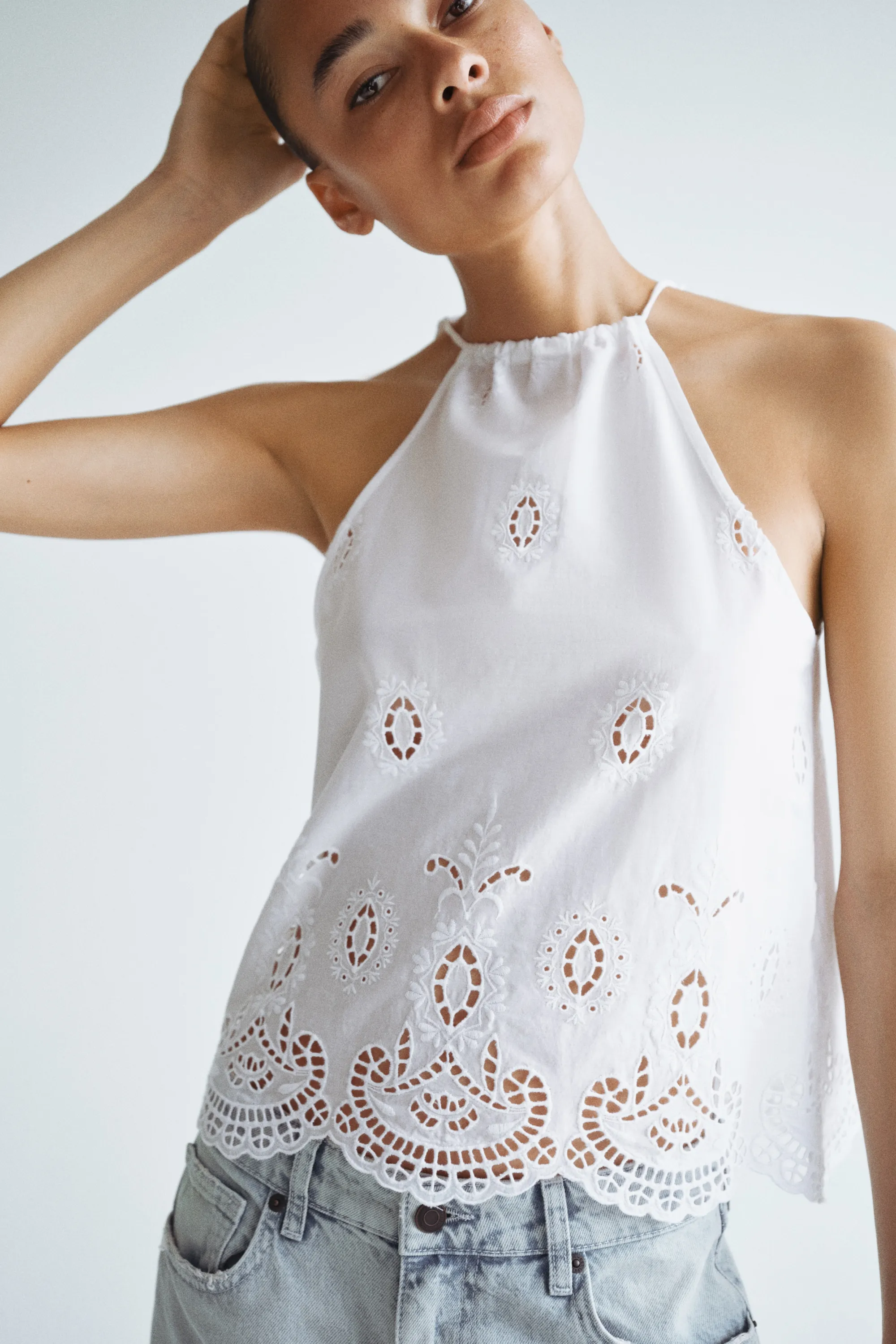 Broderie-anglaise tie-strap top - Blanc