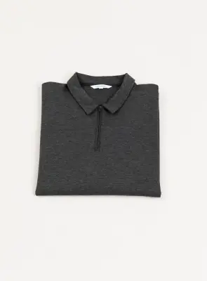 Long Sleeve Zipped Poloshirt in Heather Dark Gray Technical Knit — photo 2