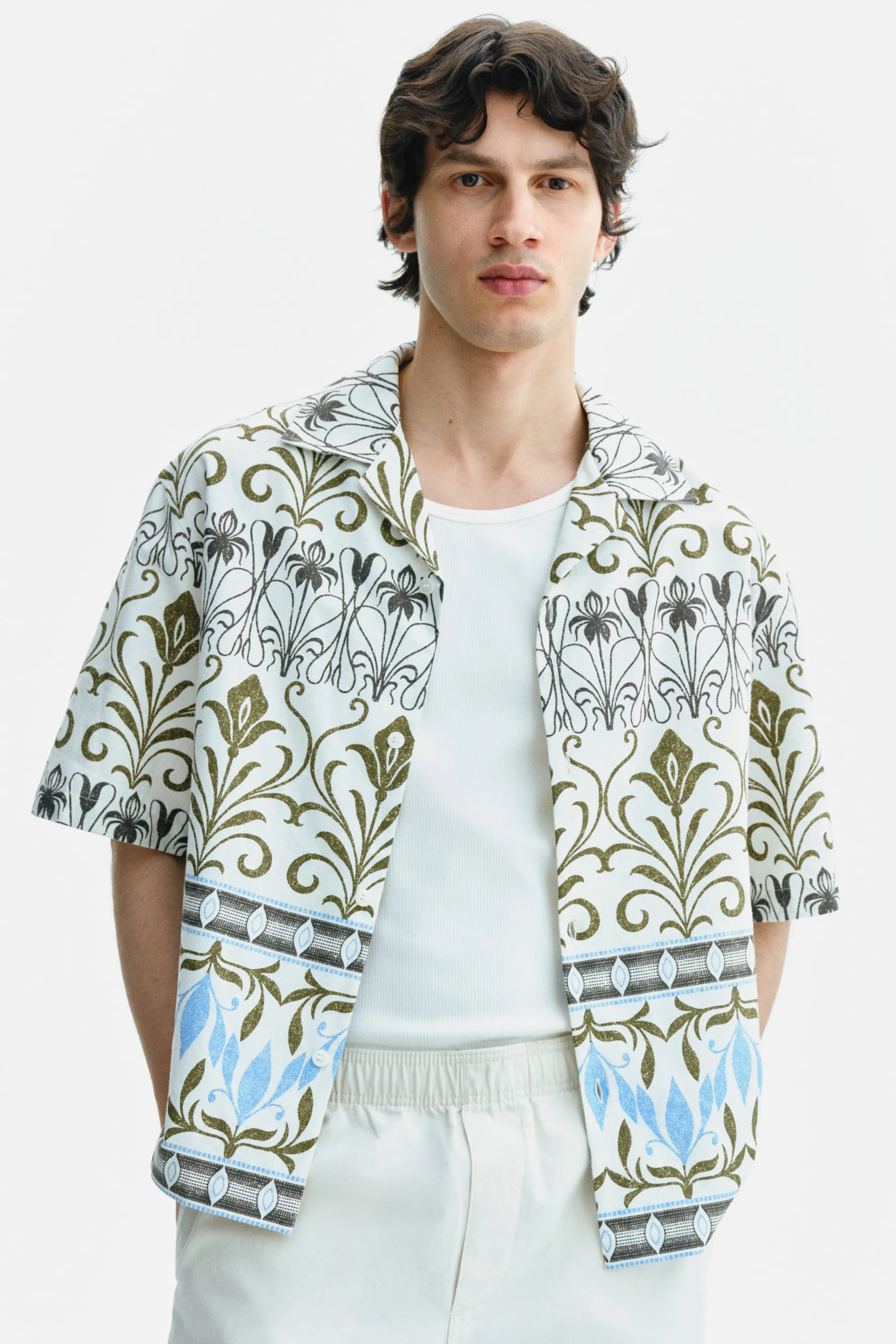 Chemise Relaxed Fit à motif avec col cubain - Crème/motif