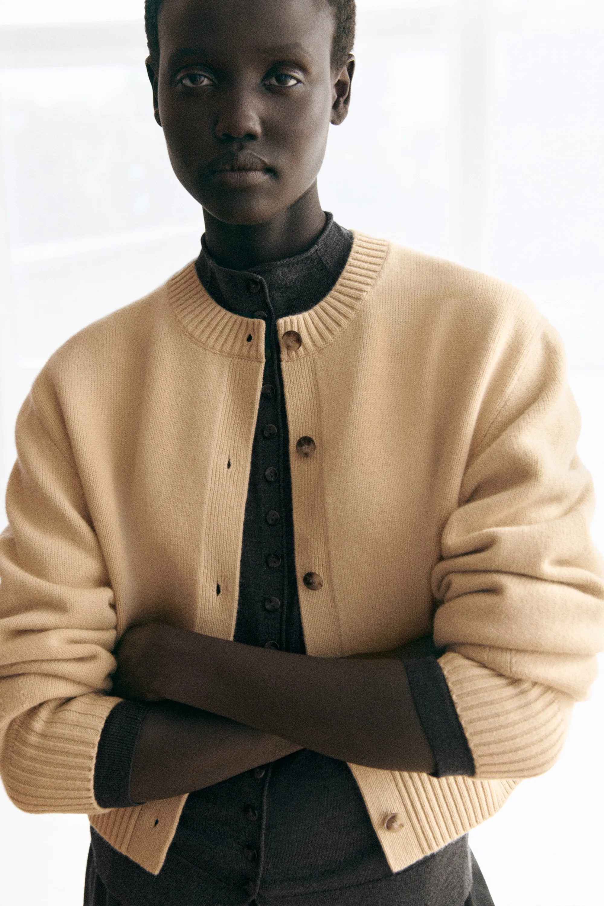 CARDIGAN À COL CHEMINÉE EN LAINE MÉRINOS - BRUN CHINÉ