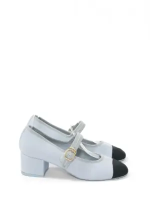 Babies à talon en tissu bleu clair et bouts gros grains noirs CC Prix boutique 1150€ Taille 38 — photo 1