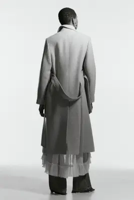 Manteau en laine mélangée avec ceinture à nouer - Beige clair chiné — photo 4