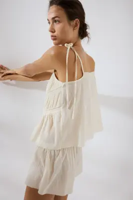 Pyjama en coton avec dentelle - Crème — photo 1