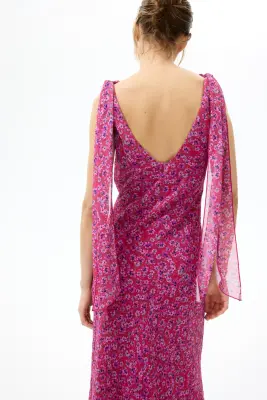 Robe à encolure bénitier avec bretelles à nouer - Rose foncé/fleuri — photo 2