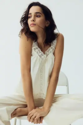 Pyjama en coton avec dentelle - Crème — photo 1