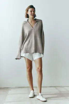 Pull en maille fine avec col - Taupe chiné — photo 1
