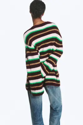 Cardigan doux en maille à col en V - Prune/Vert/Rayures beige — photo 2