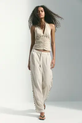 Pantalon ornementé en lin mélangé - Beige clair — photo 2