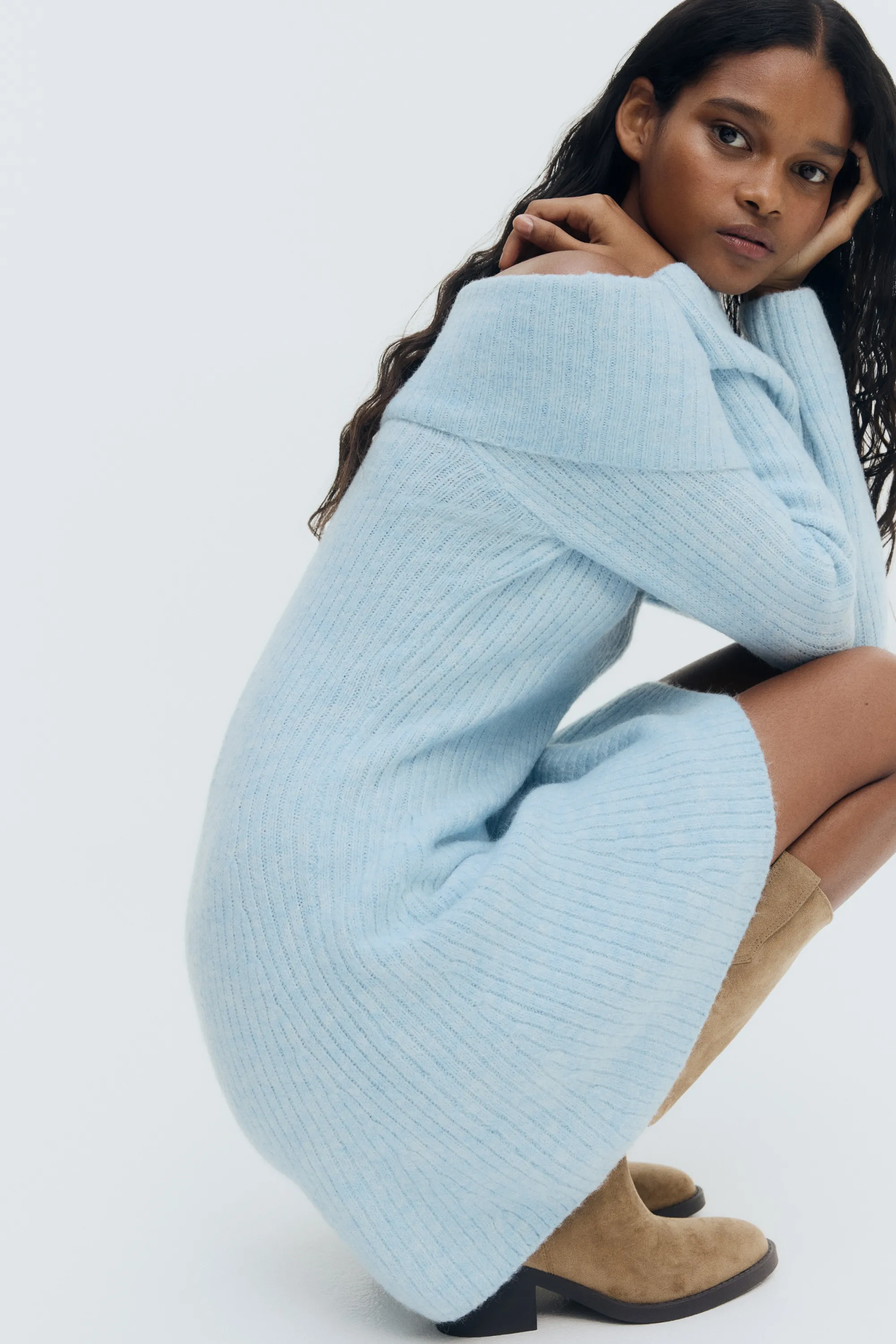 Robe épaules nues en maille côtelée - Bleu clair chiné