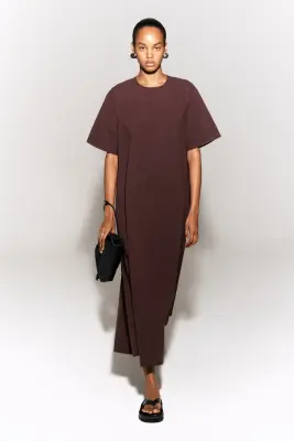ROBE MIDI EN COTON À OURLET BRUT - BRUN — photo 5
