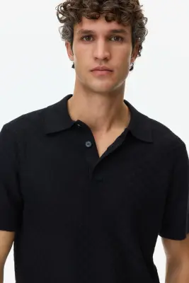 Polo Slim Fit en maille texturée - Noir — photo 2