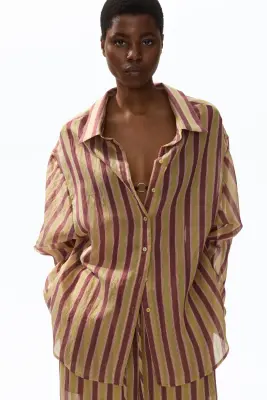Chemise oversize en lyocell mélangé - Beige foncé/rayé — photo 2