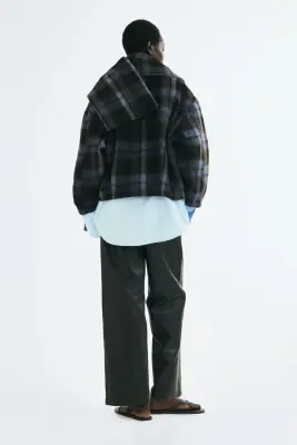 Veste brossée avec écharpe - Bleu marine/carreaux — photo 5