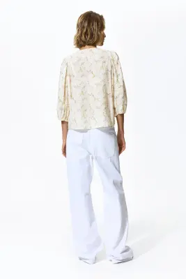 Blouse en lin mélangé - Blanc/fleuri — photo 3
