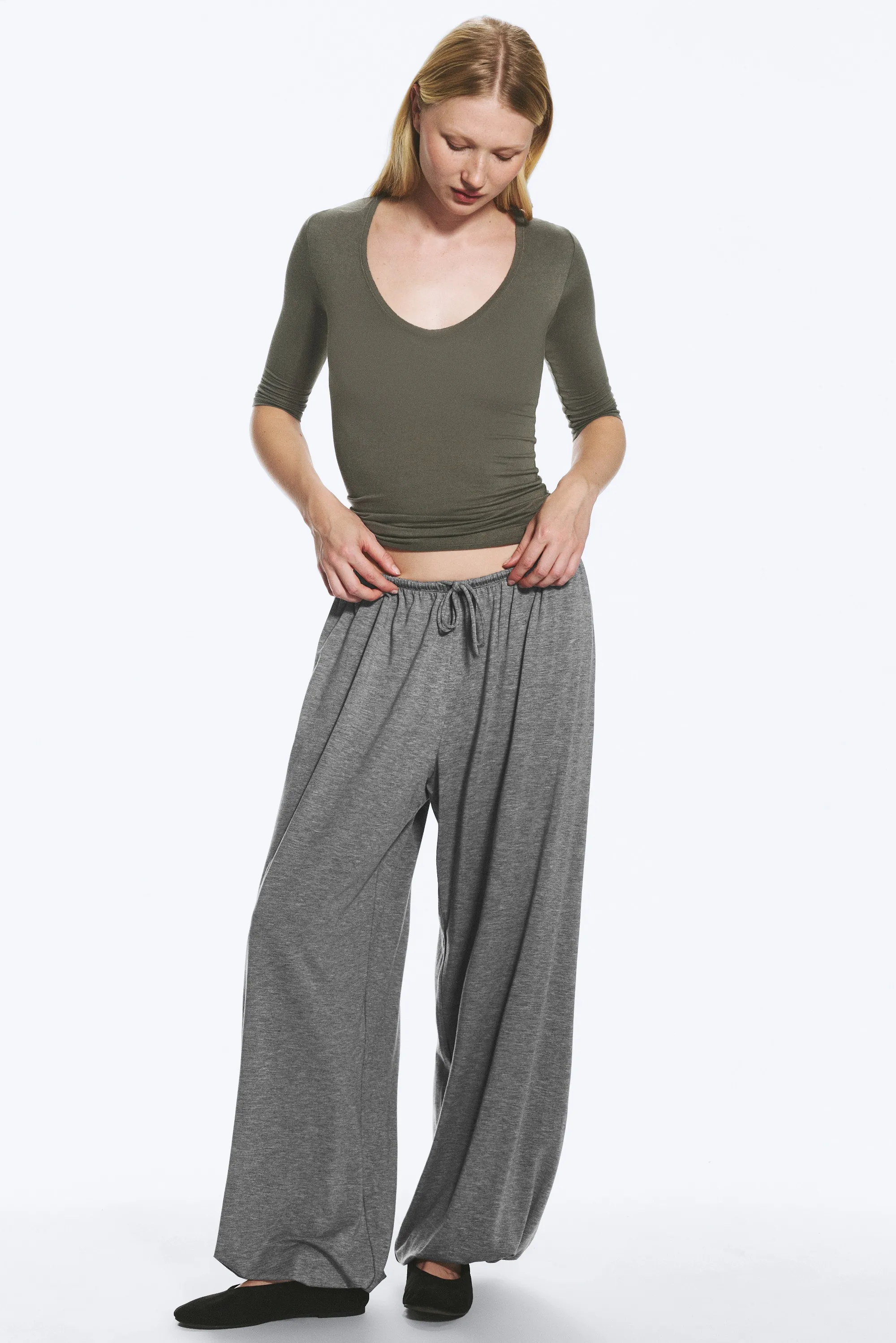 Pantalon bouffant mi-haut doux - Gris chiné